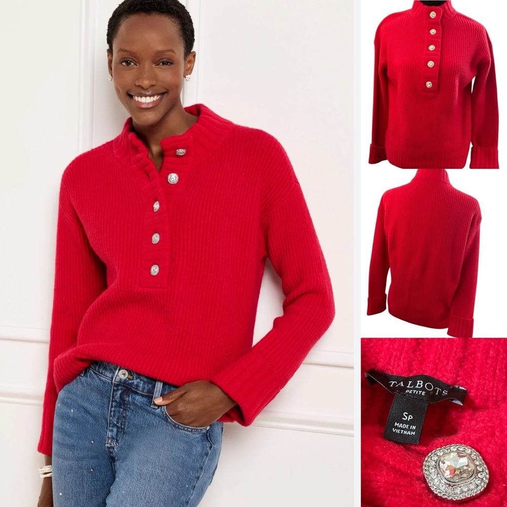 Talbots Jewel‎ Button Henley Pullover in Red Pop size petite Small